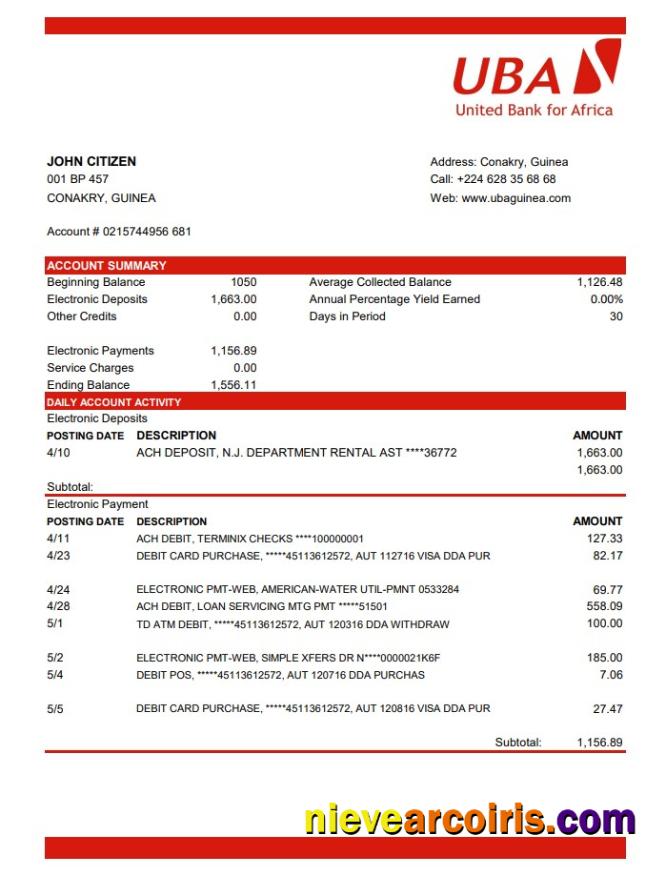 Guinea UBA Bank statement in Excel and PDF format